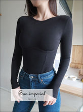 Women Black Crew Neck Corset Style Bust Seams Long Sleeve Bodysuit Basic style, bsic casual chick sexy corset style SUN-IMPERIAL United 
