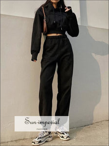 Sun-imperial Women Black Cropped Drop Shoulder Kangaroo Pocket Fleece Hoodie Sweatshirt & Sweatpants 2 piece set, activewear, get active, 
