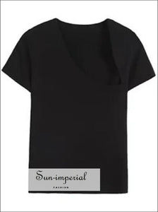 Women Black Cropped Knitted Short Sleeve Tee top with Asymmetrical V Collar Sun-Imperial United States