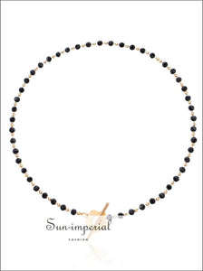 Women Black Crystal Beads Choker Necklace With Gold Flower Detail Sun-Imperial United States