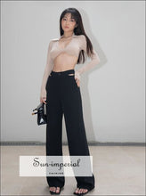 Women Black Cut out Waist Tailored Straight Leg Trouser Long Pants casual style, chick sexy harajuku PUNK STYLE, street style SUN-IMPERIAL 