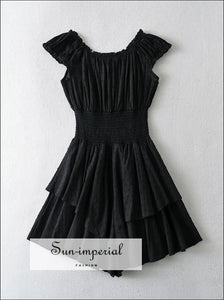Women Black Dot Print off Shoulder Short Sleeve Romper Dress with Ruffle Detail Beach Style Print, chick sexy style, harajuku Preppy