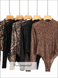 Women Black Glitter Leopard Sequin Sheer Long Sleeve Bodysuit black long sleeve sheer bodysuit, chick sexy style, PUNK STYLE, SUN-IMPERIAL 