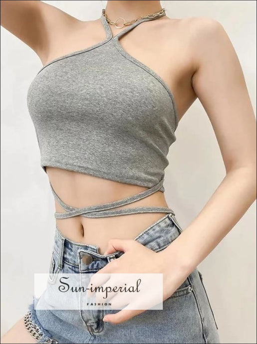 Women Black Halter Tie Cropped Camisole Wrap around Waist Tank top Basic style, casual chick sexy harajuku Preppy Style Clothes SUN-IMPERIAL