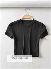 Women Black High Crew Neck Cropped Bodycon Short Sleeve Ribbed T-shirt top Basic style, casual harajuku PUNK STYLE, sporty style 