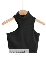 Women Black High Neck Asymmetrical Crop Tank top with Cut out detail Basic style, casual chick sexy harajuku PUNK STYLE SUN-IMPERIAL United 