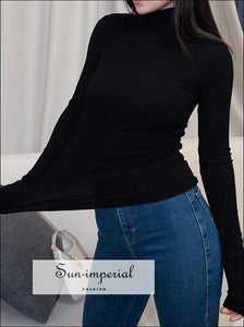 Women Black High Neck Long Sleeve top Sleeved Roll Slim Fit T-shirt in Rib Basic style, casual WOMEN RIBBED T SHIRT SUN-IMPERIAL United 