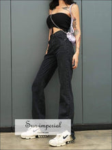 Women Black High Waisted Straight Leg Jeans with side Split Relaxed Fit Denim Pants Basic style, street style SUN-IMPERIAL United States