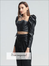 Women Black Leather Corset Style top with Long Puff Sleeve Blouse chick sexy style, corset elegant style Blouse, PUNK STYLE SUN-IMPERIAL 