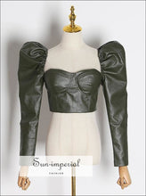 Women Black Leather Corset Style top with Long Puff Sleeve Blouse chick sexy style, corset elegant style Blouse, PUNK STYLE SUN-IMPERIAL 