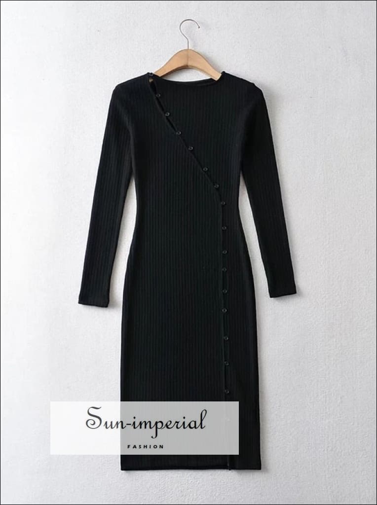 Sun-Imperial - Women Black Long Sleeve Asymmetric Button Knit Cut Out Maxi Dress Black / S Sun-Imperial - Women Black Long Sleeve Asymmetric Button Knit Cut Out Maxi Dress Black / S