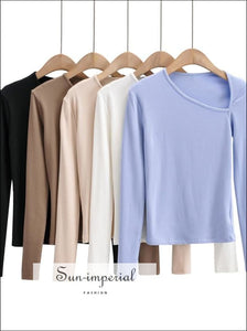 Women Black Long Sleeve Asymmetric Neck top Fitted T-shirt Blouse SUN-IMPERIAL United States