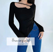 Women Black Long Sleeve Asymmetric top with Lettuce Edge Trim detail Basic style, harajuku PUNK STYLE, street style SUN-IMPERIAL United 
