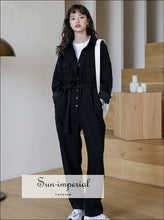 Women Black Long Sleeve Buttoned Casual Tie Waist Maxi Jumpsuit Bohemian Style, casual style, elegant sporty street style SUN-IMPERIAL 