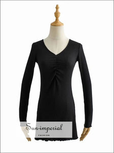 Women Black Long Sleeve Ruched V Neck Bodycon Ribbed Mini Dress Basic style, casual chick sexy harajuku Preppy Style Clothes SUN-IMPERIAL 