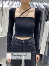 Women Black Long Sleeved top Square Neck Crop Tee with Asymmetrical Strap detail Basic style, harajuku Preppy Style Clothes, PUNK STYLE, 