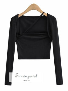 Women Black Long Sleeved top Square Neck Crop Tee with Asymmetrical Strap detail Basic style, harajuku Preppy Style Clothes, PUNK STYLE, 
