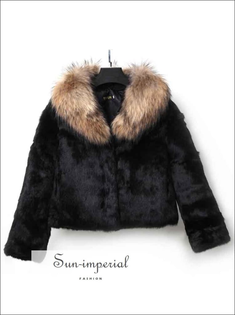Women Black Natural Soft Rabbit Fur Coat with Big Fluffy Collar Drop Jacket Bohemian Style, elegant style, faux fur coat, Unique vintage 