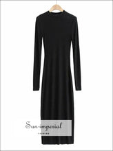 Women Black O Neck Ribbed Long Sleeve Maxi Dress with side Deep Thigh Split detail Basic style, casual chick sexy harajuku sporty style 