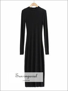 Sun-imperial - women black o neck ribbed long sleeve maxi dress with side deep thigh split detail Sun-Imperial Sun-imperial - women black o neck ribbed long sleeve maxi dress with side deep thigh split detail Sun-Imperial