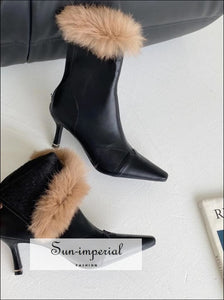 Women Black Pointed Toe Ankle Boots with thin High Heels back Zipper and Brown Fur detail Booties black pointed toe high heels fur, boots, 