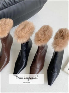 Women Black Pointed Toe Ankle Boots with thin High Heels back Zipper and Brown Fur detail Booties black pointed toe high heels fur, boots, 