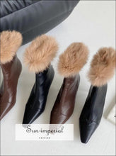 Women Black Pointed Toe Ankle Boots with thin High Heels back Zipper and Brown Fur detail Booties black pointed toe high heels fur, boots, 