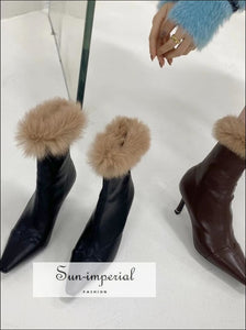 Women Black Pointed Toe Ankle Boots with thin High Heels back Zipper and Brown Fur detail Booties black pointed toe high heels fur, boots, 