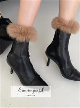 Women Black Pointed Toe Ankle Boots with thin High Heels back Zipper and Brown Fur detail Booties black pointed toe high heels fur, boots, 