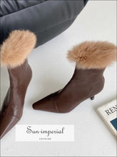 Women Black Pointed Toe Ankle Boots with thin High Heels back Zipper and Brown Fur detail Booties black pointed toe high heels fur, boots, 