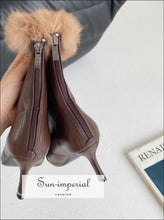 Women Black Pointed Toe Ankle Boots with thin High Heels back Zipper and Brown Fur detail Booties black pointed toe high heels fur, boots, 