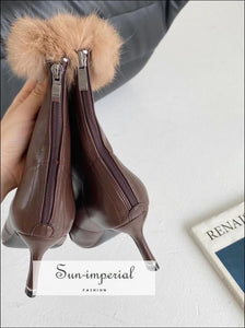 Women Black Pointed Toe Ankle Boots with thin High Heels back Zipper and Brown Fur detail Booties black pointed toe high heels fur, boots, 