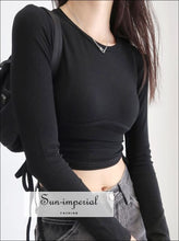 Women Black Ribbed Fitted Corset detail Long Sleeve Drawstring T-shirt Ruched side Crop top Basic style, street style SUN-IMPERIAL United 