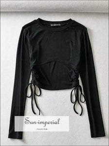 Women Black Ribbed Fitted Corset detail Long Sleeve Drawstring T-shirt Ruched side Crop top Basic style, street style SUN-IMPERIAL United 