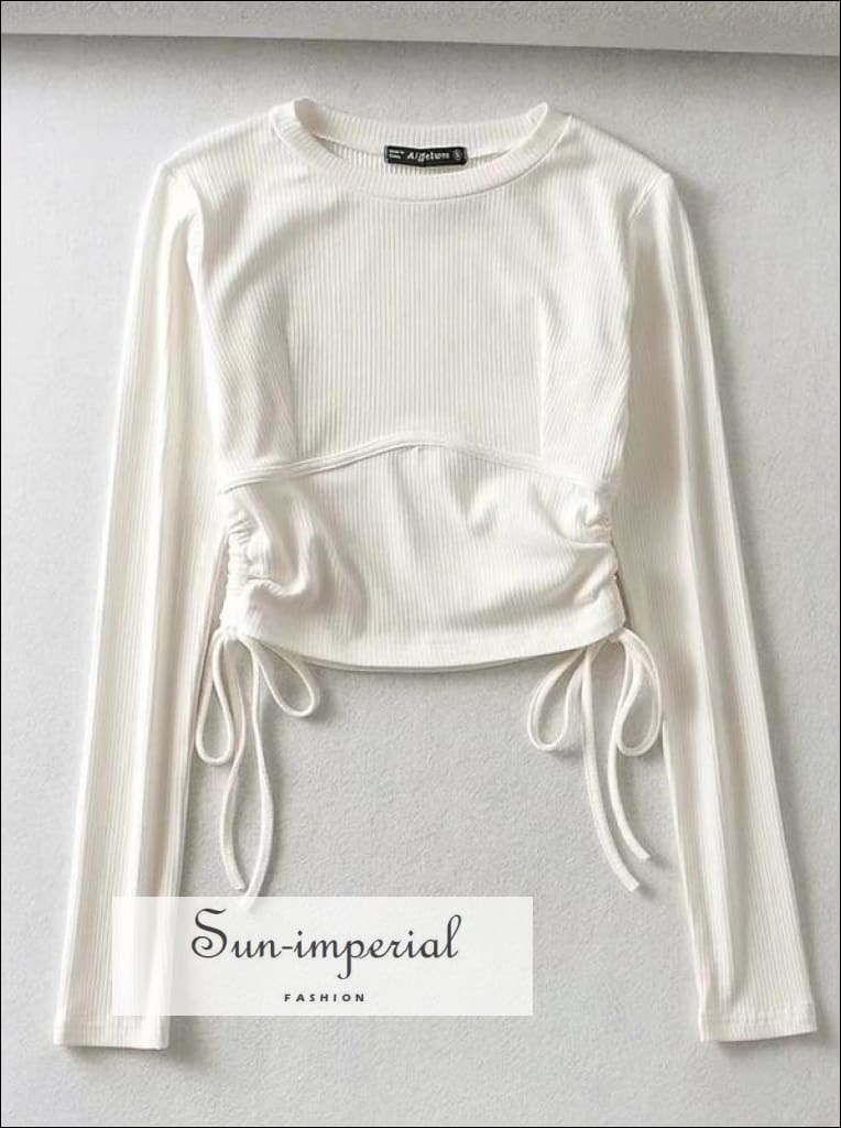 Women Black Ribbed Fitted Corset detail Long Sleeve Drawstring T-shirt Ruched side Crop top Basic style, street style SUN-IMPERIAL United 