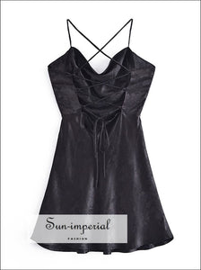 Women Black Sleeveless Jacquard Satin Draped Mini Dress with Criss Cross back Lace detail chick sexy style, harajuku New Party Dress, NIGHT 