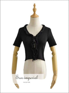 Women Black Vintage front Dual Center Tie Short Sleeve Knit Cardigan top with Ruffles detail Bohemian Style, harajuku style, Preppy Style 