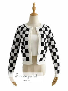 Women Black & White Knit Bralette and Checkboard Print Cardigan Set Cardi harajuku style, Preppy Style Clothes, PUNK STYLE, street And 