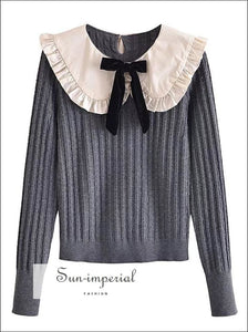 Women Black With White Lace Peter Pan Collar And Bow Tie Knot Knit Sweater Long Sleeve Pullover bohemian style, harajuku Preppy Style 
