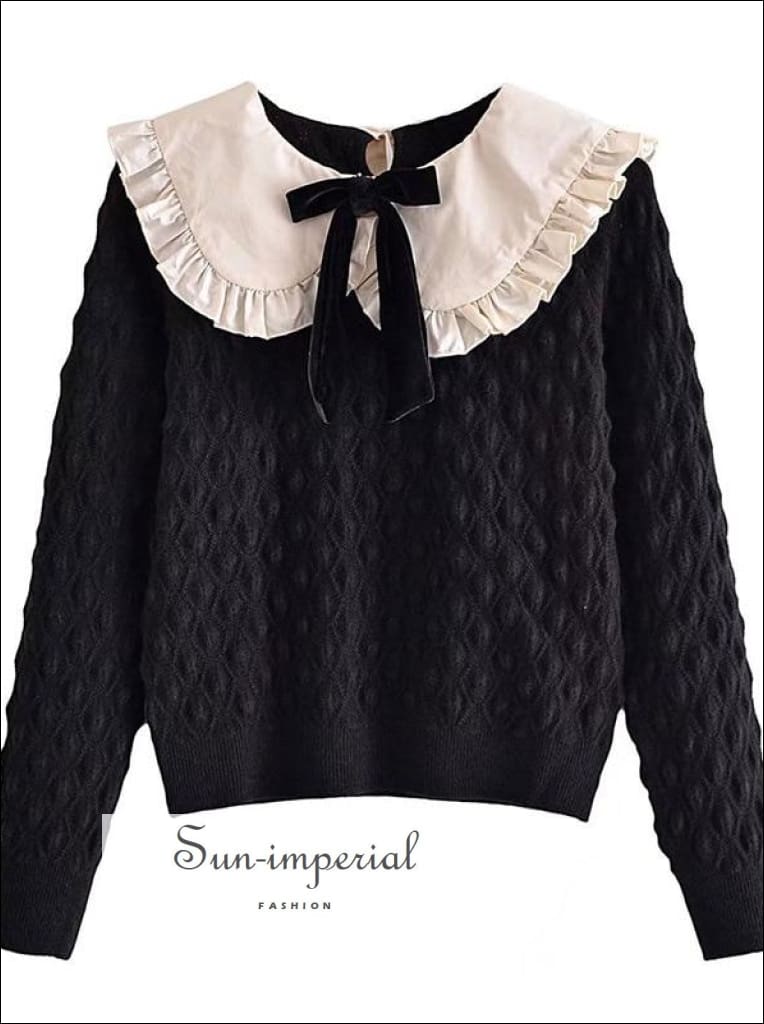 Women Black With White Lace Peter Pan Collar And Bow Tie Knot Knit Sweater Long Sleeve Pullover bohemian style, harajuku Preppy Style 