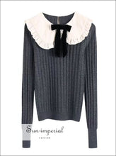 Women Black With White Lace Peter Pan Collar And Bow Tie Knot Knit Sweater Long Sleeve Pullover bohemian style, harajuku Preppy Style 