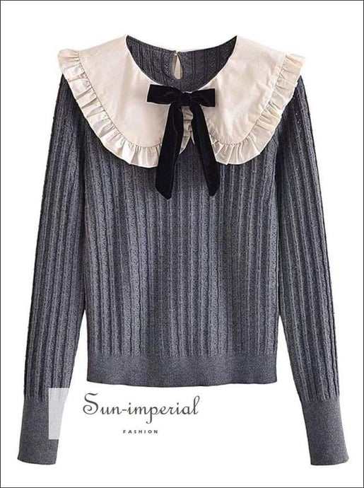 Women Black with White Lace Peter Pan Collar and Bow Tie Knot Knit Sweater Long Sleeve Pullover Bohemian Style, Preppy Style Clothes, With 