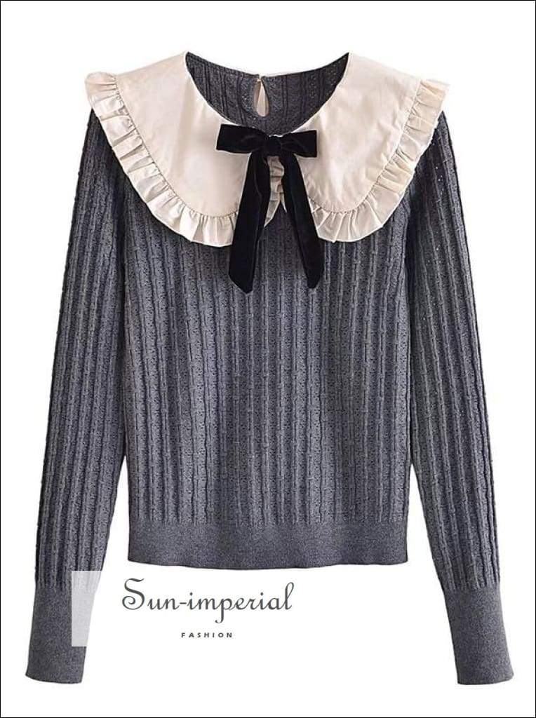 Women Black with White Lace Peter Pan Collar and Bow Tie Knot Knit Sweater Long Sleeve Pullover Bohemian Style, Preppy Style Clothes, With 