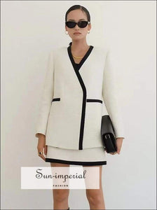 Women Black Woven Two Piece Pencil Mini Skirt and Jacket Set with White Edge detail casual style, elegant harajuku Preppy Style Clothes, 