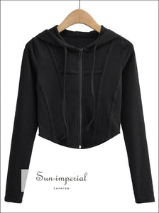Women Black Zip up Crop Fitted Hoodie with Curve Hem and Tapes detail Basic style, casual chick sexy harajuku PUNK STYLE SUN-IMPERIAL United