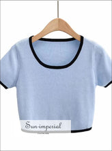 Women Blue and Black Knitted Color Block O Neck Short Sleeve Copped top Basic style, color block cropped top, harajuku Preppy Style Clothes,