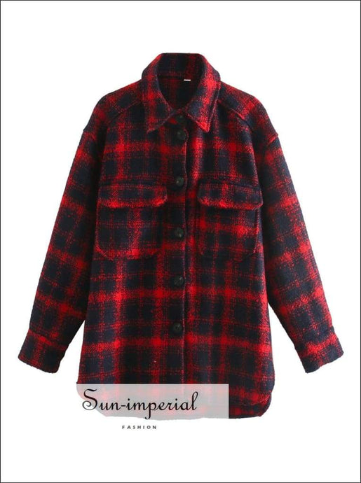 Women Blue and Red Plaid Buttoned Turn Down Collar Print Loose Outwear top Basic style, Bohemian Style, casual harajuku plaid SUN-IMPERIAL 