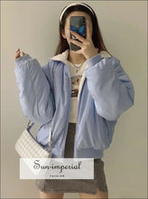 Women Blue and White High Collar Long Sleeve Reversible Puffer Short Jacket Oversized Padded Coat Basic style, casual harajuku Preppy Style 