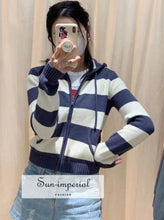 Women Blue and White Striped Knit Hoodie Cardigan with Zip Basic style, casual harajuku Preppy Style Clothes, PUNK STYLE SUN-IMPERIAL United