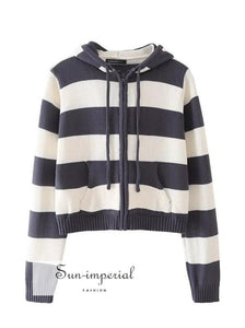 Women Blue and White Striped Knit Hoodie Cardigan with Zip Basic style, casual harajuku Preppy Style Clothes, PUNK STYLE SUN-IMPERIAL United